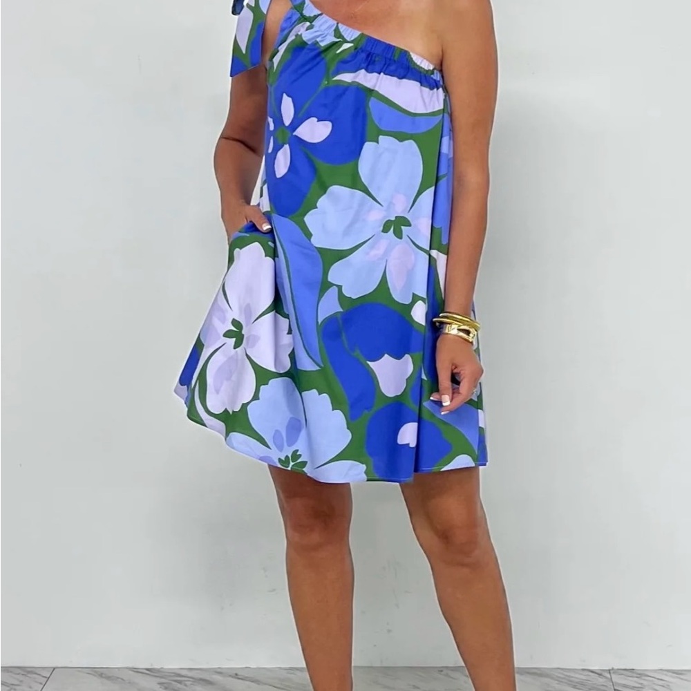 Sugarlips Blue Floral One-Shoulder Dress